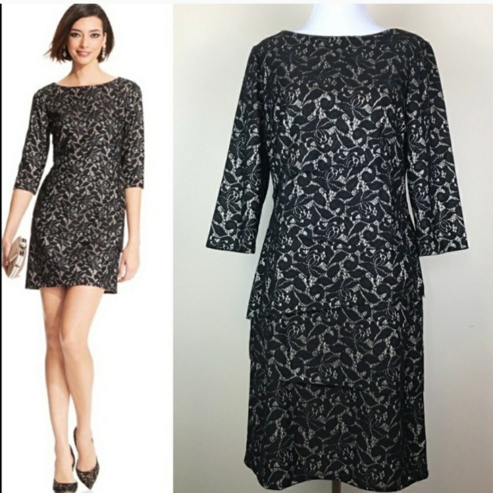 NEW with tags Tahari Dress Size 2 3/4 sleeve Black Lace Nude Under Tiered
